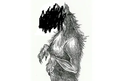 An old drawing of the Michigan Dogman with the different areas scribbled over