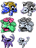 The normal and frostbitten sprites of Red's Blastoise, Venusaur and Espeon.