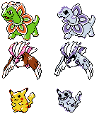 The normal and frostbitten sprites of Meganium, Pidgeot, and Red's Pikachu