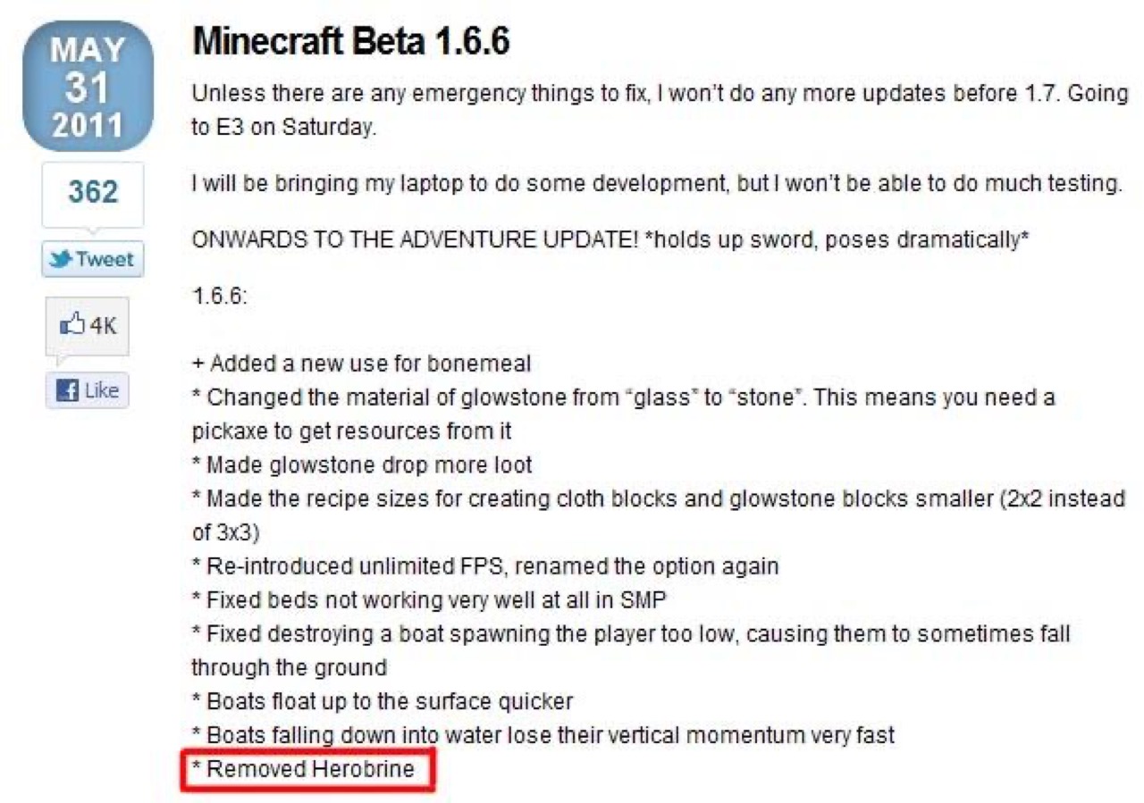 Скриншот патчнотов Mojang со строкой «Removed Herobrine» — шутка, ставшая мемом.