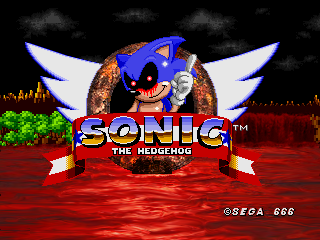 Искажённый титульный экран Sonic the Hedgehog с улыбающимся ежом и кровавыми провалами глаз.