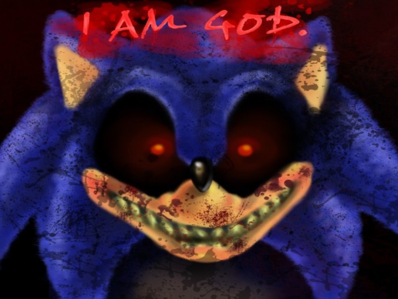 Финальный кадр: Соник смотрит прямо на игрока со строкой «I AM GOD».