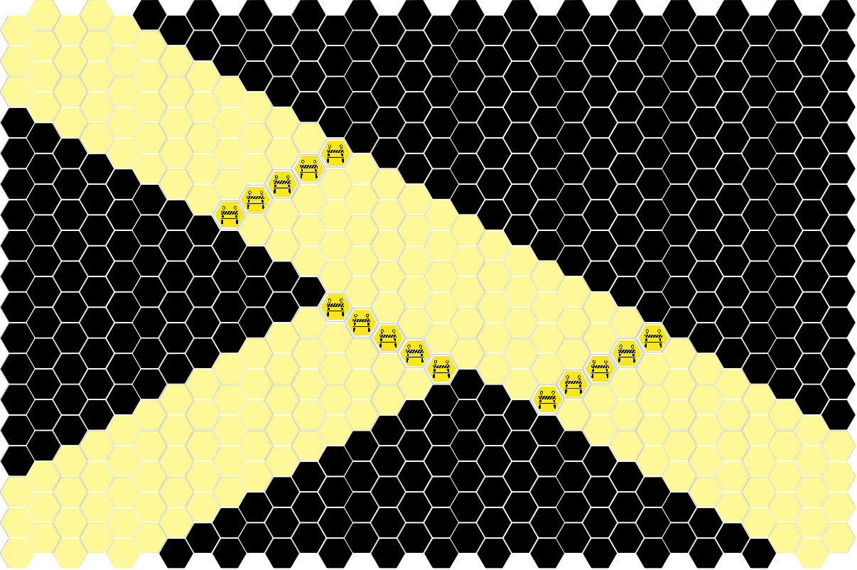 A hex-grid map depicting a T-intersection, using the symbols from above.
