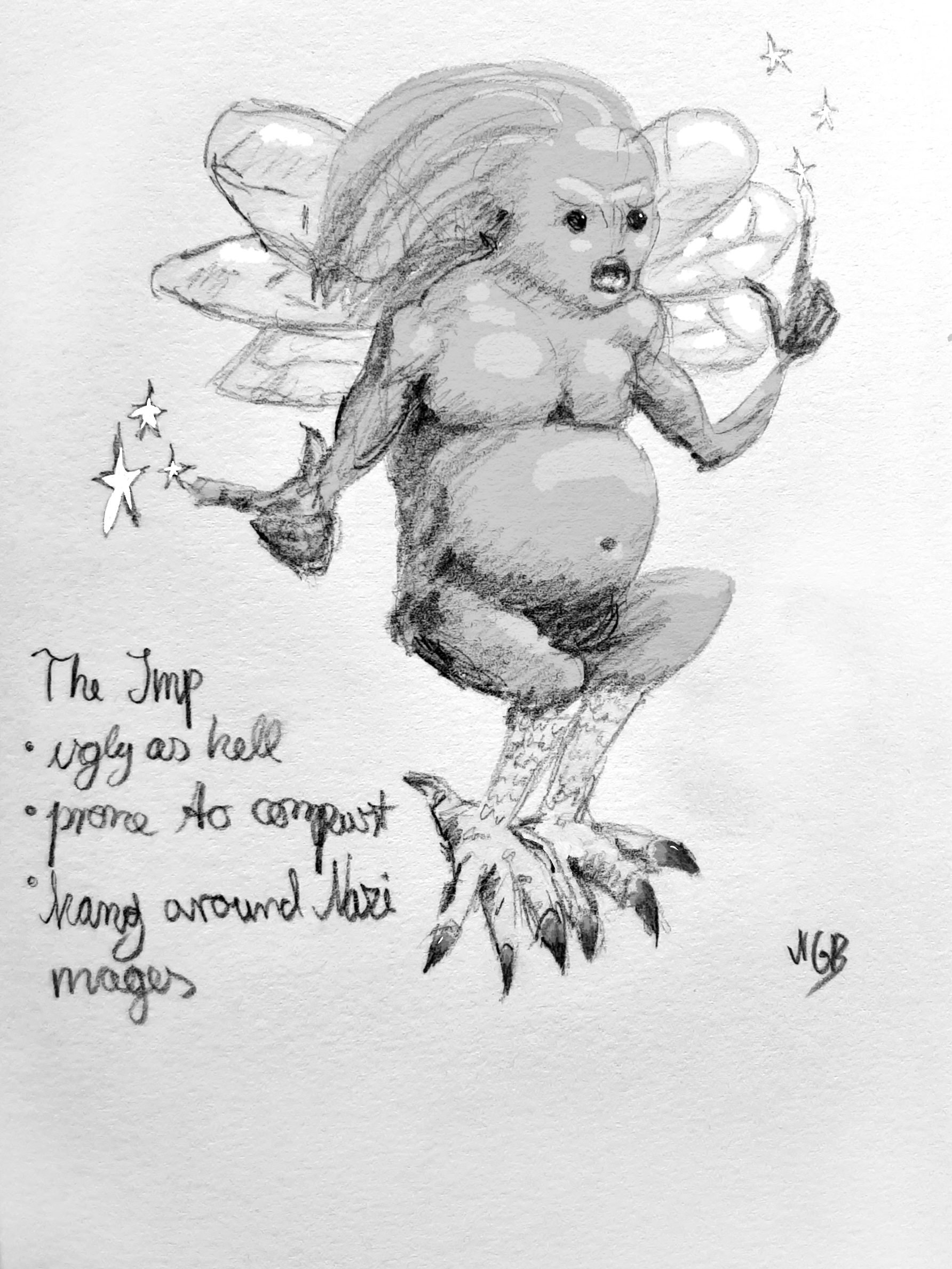 A black-and-white sketch of an imp. Handwritten notations describe it as 'ugly as hell', 'prone to combust', and 'hang around Nazi mages'.