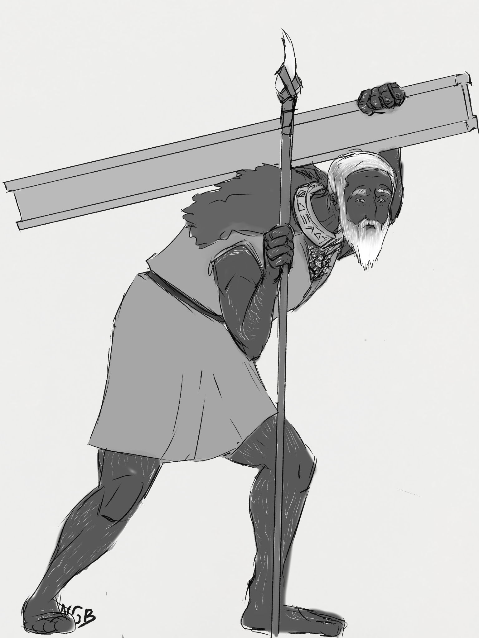 A black-and-white drawing of an enslaved frost giant. He resembles a dark-skinned, white-bearded human man, wearing a simple fur coat and a runed collar. His back is bent under the weight of a steel I-beam, and he leans on a spear tipped with a tooth or fang for support. His expression is one of deep sadness.