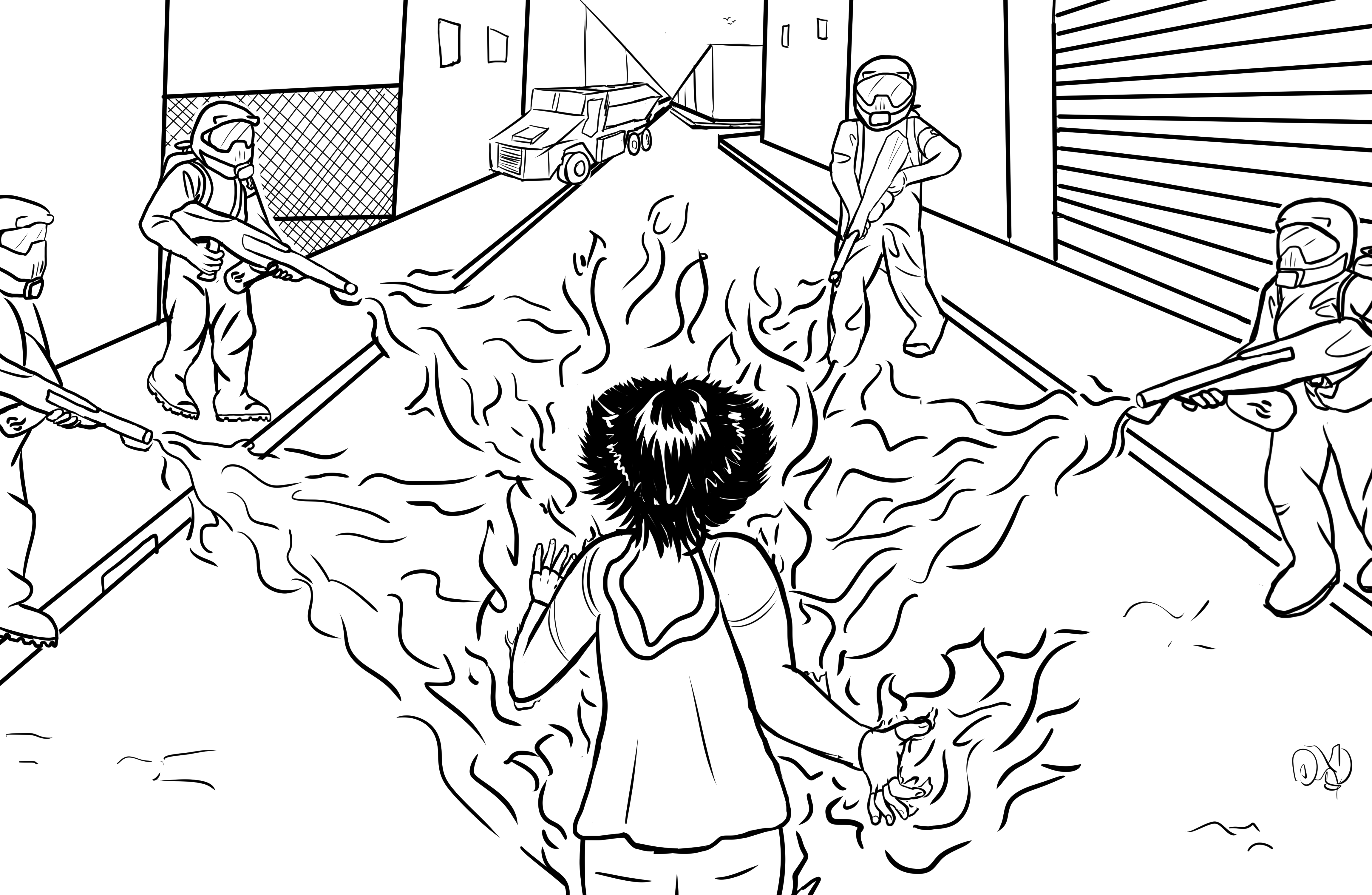 Florence faces off against four figures holding flamethrowers.