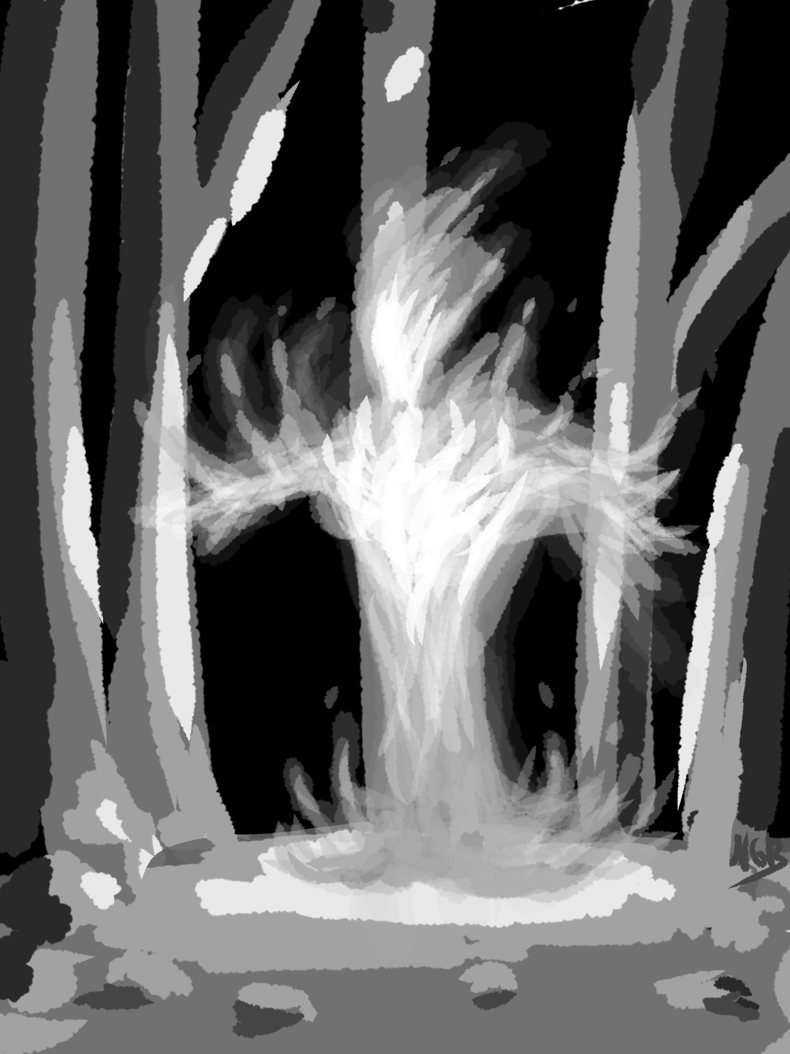 A black-and-white sketch of a flame elemental in a forest.