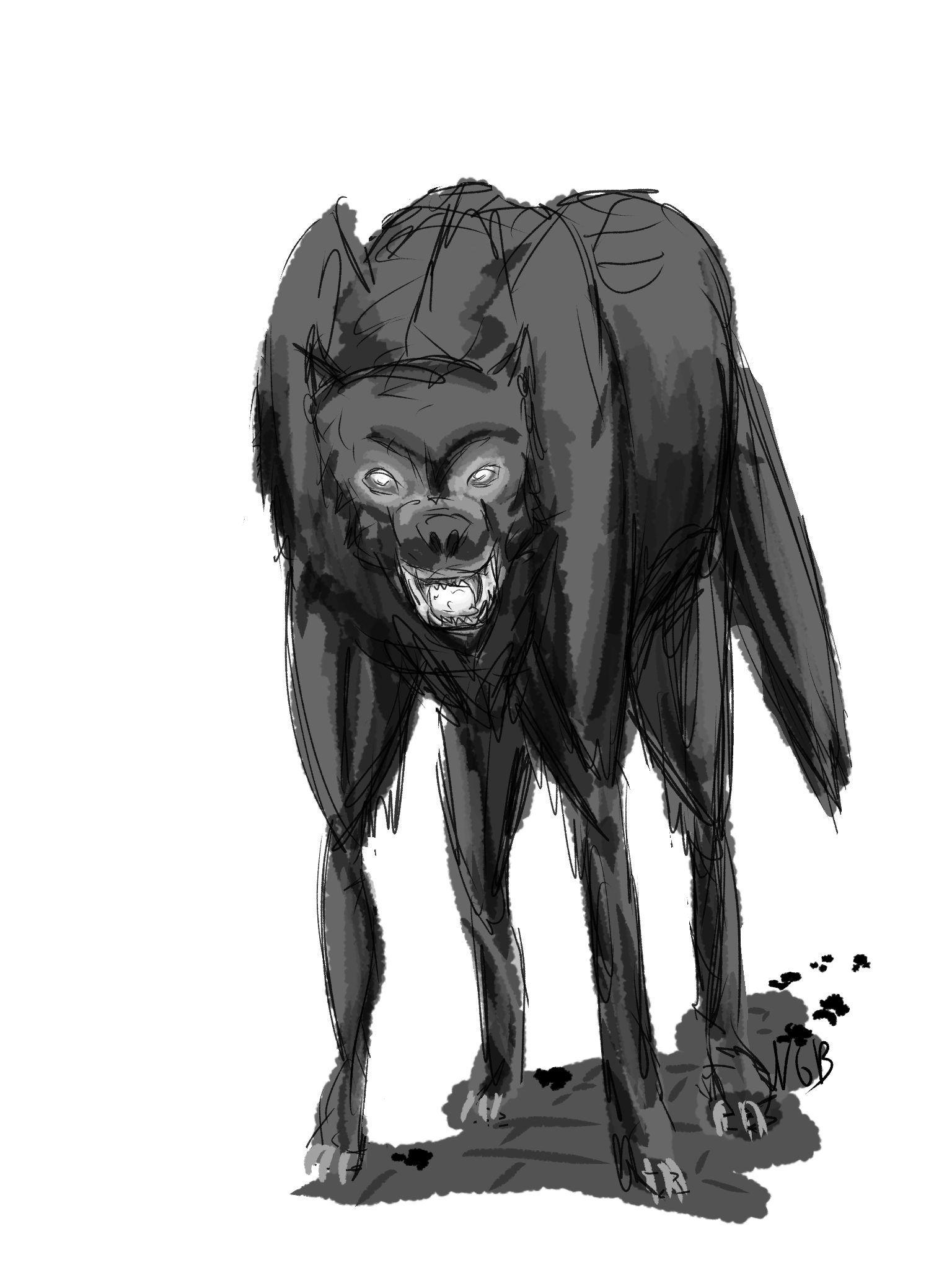 A black-and-white drawing of a hellhound, a black dog with high haunches and eyes which glow with light.