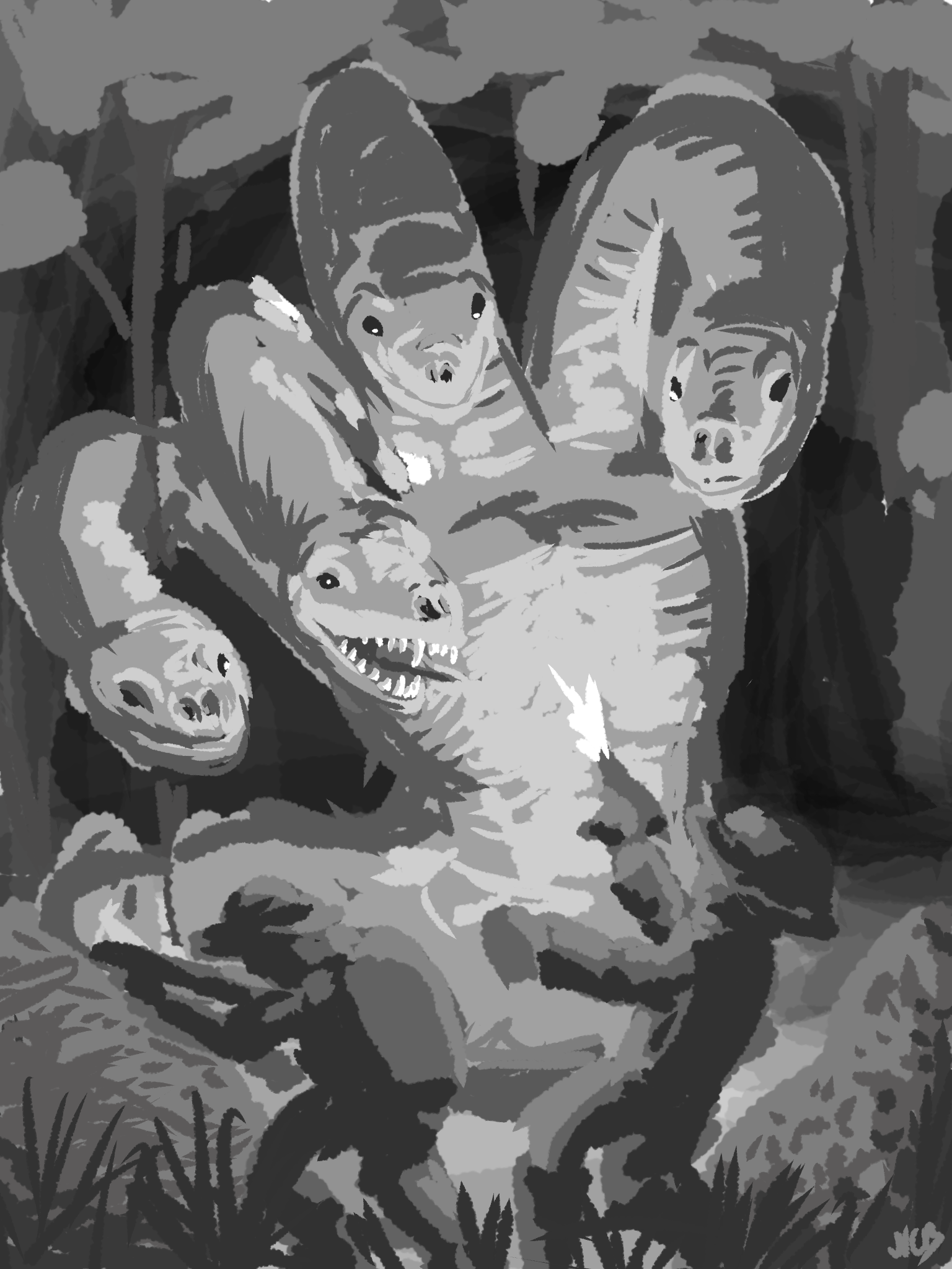 A black-and-white illustration of two soldiers battling a hydra in the woods or jungle. The hydra has four heads, which look hungrily at one soldier, while his fellow ducks out of the way. The soldier the hydra is looking at is firing a pistol at the hydra, the muzzle flash providing the only illumination in the scene.