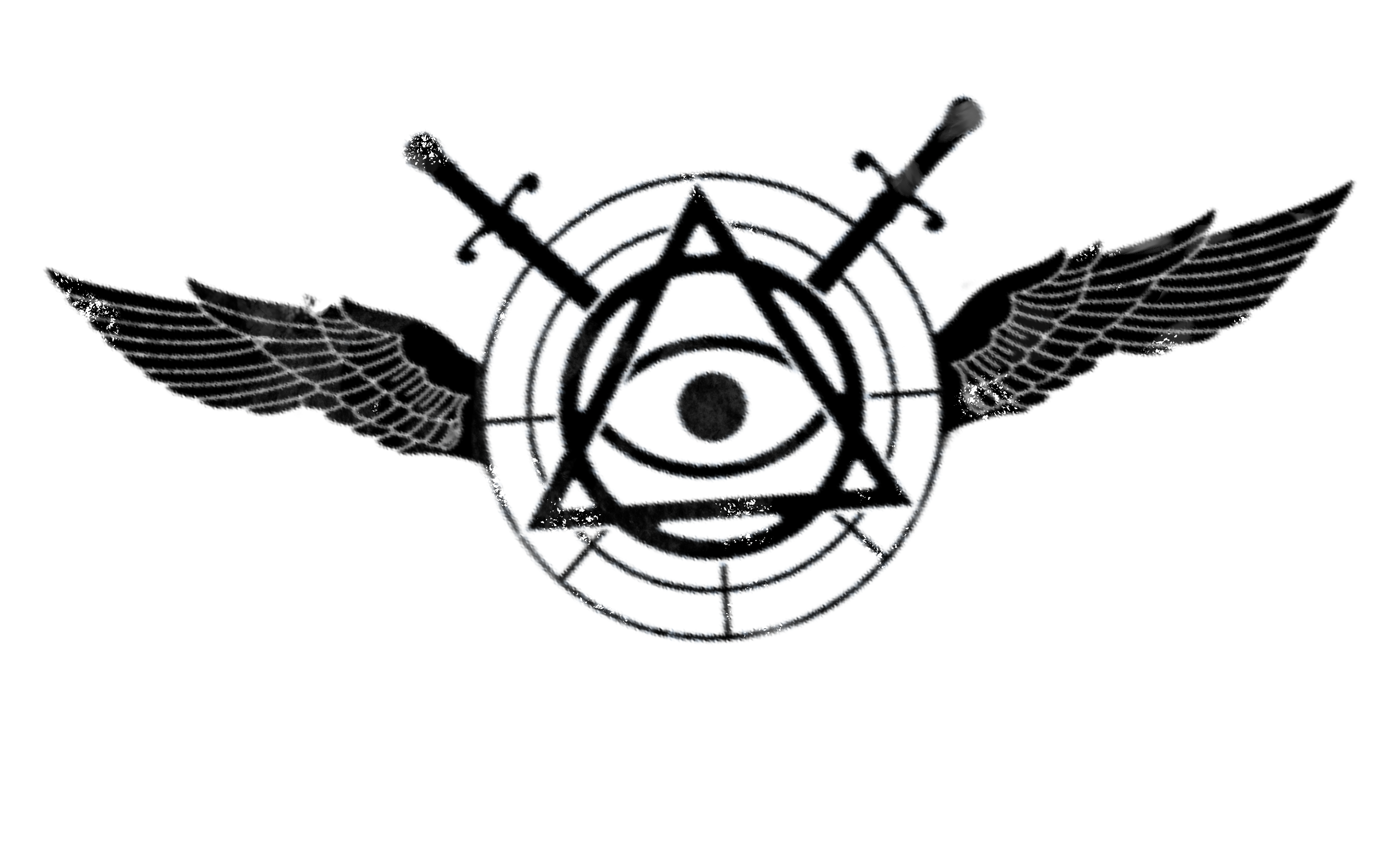 The logo of the Allied Occult Initiative, a seal depicting a triangle with the Eye of Providence inside of it, imposed over a radar-style circle with crossed swords at the 3 o'clock and 9 o'clock positions, and flanked by angelic wings.