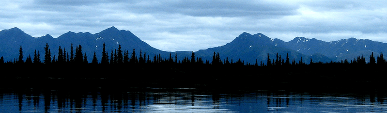 Blue sky, blue mountains, and blue water make the spruce trees and their reflection striking along the Kobuk River.