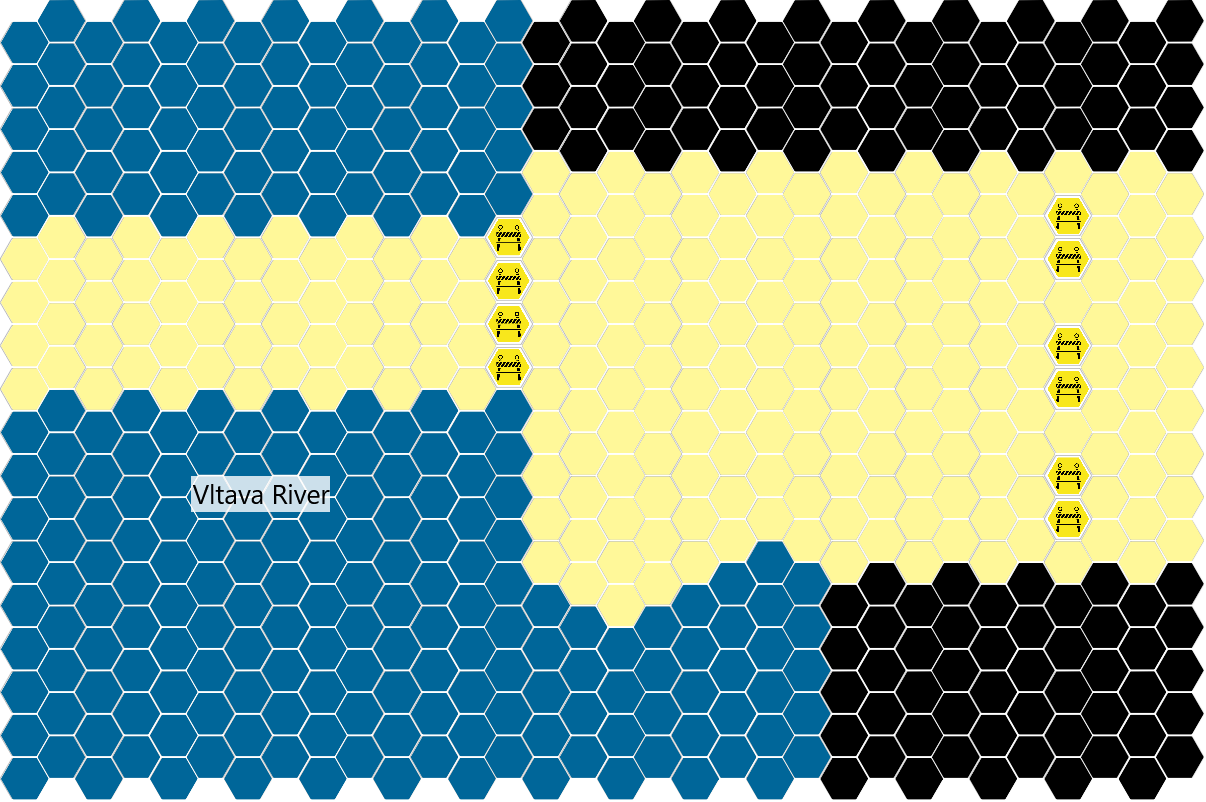 A hex-grid map depicting one side of Prague's Charles Bridge and a section of street to which it connects, using the symbols from above.