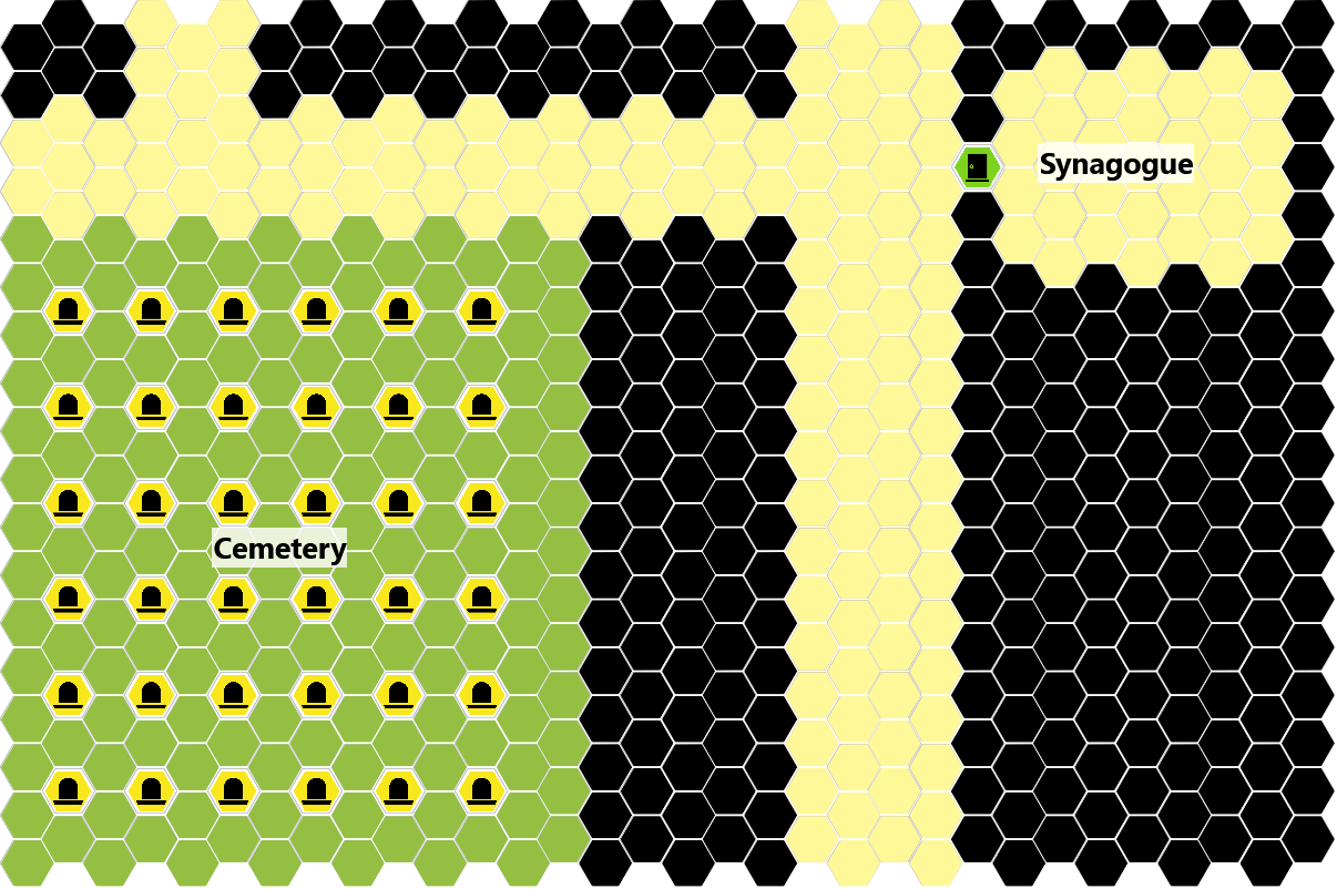 A hex-grid map depicting the old new synagogue of Prague, and attached graveyard, using the symbols from above.