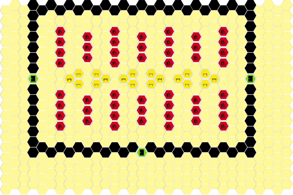 A hex-grid map depicting a building in Charles University, using the symbols from above.