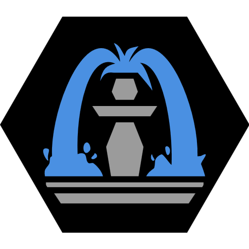 A black hexagon with a stylized decorative fountain on it.