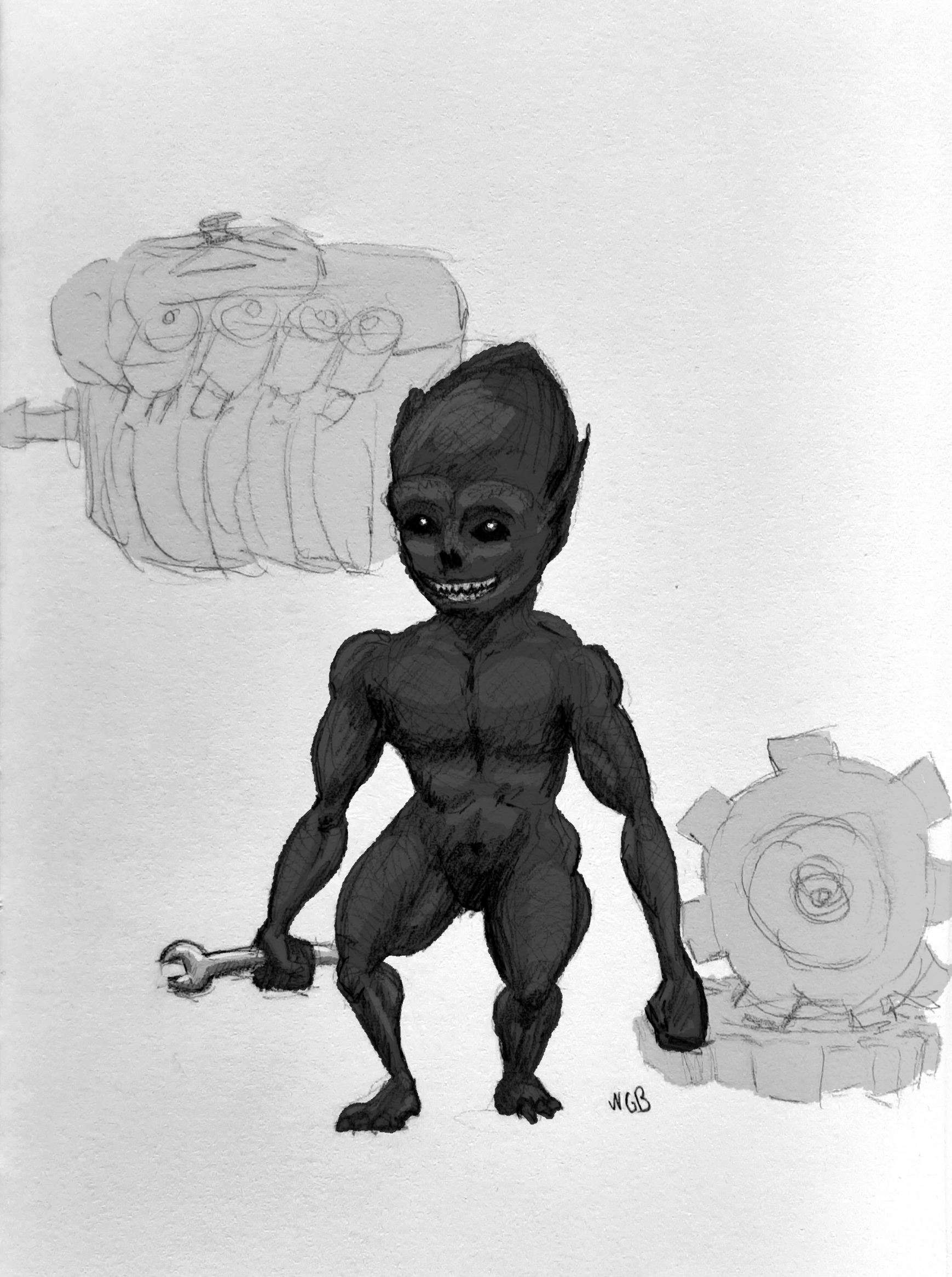 A black-and-white sketch of a gremlin holding a wrench. In the background are some gears and an engine.