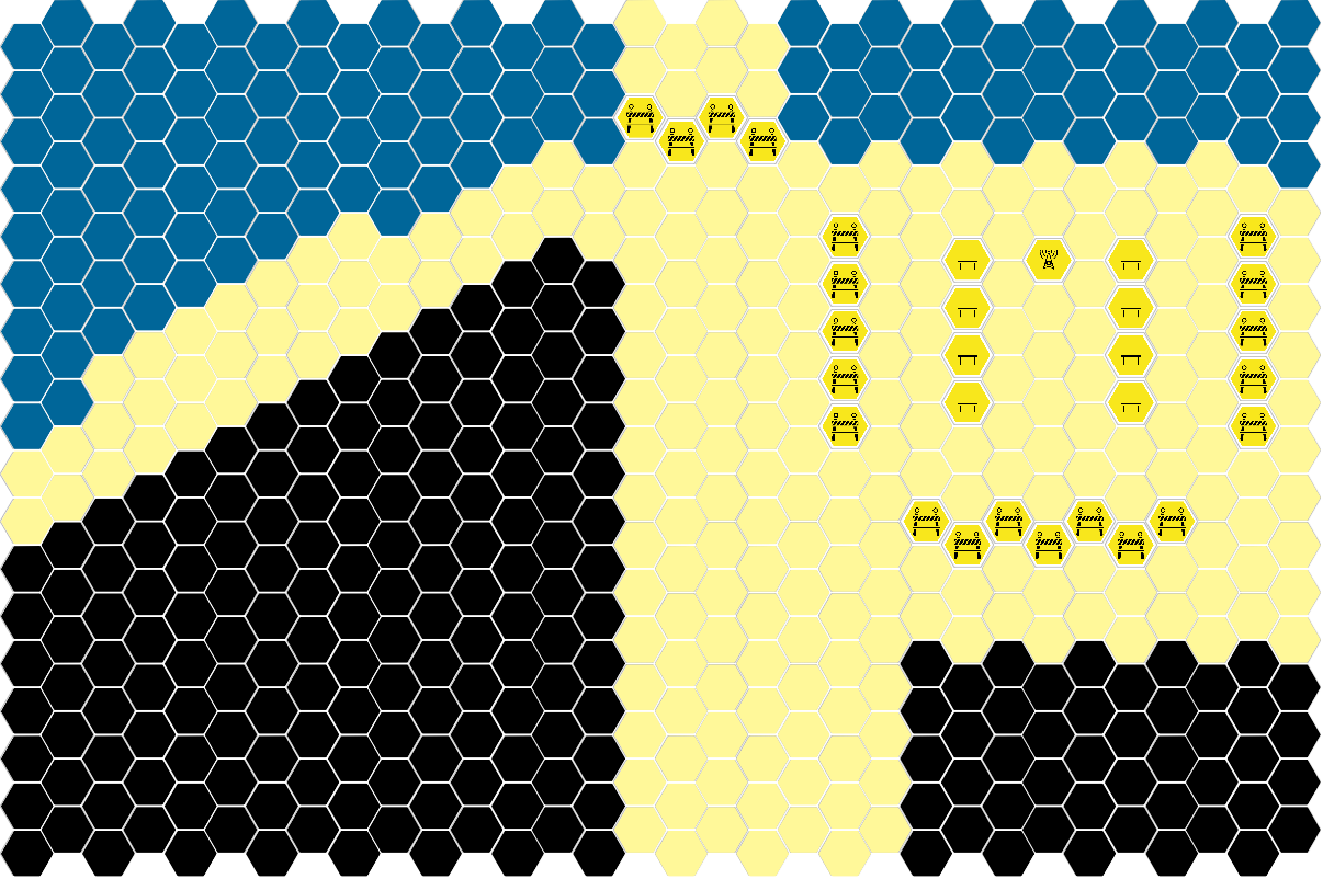 A hex-grid map depicting a riverside street on which the SS has set up a temporary field headquarters, using the symbols from above.
