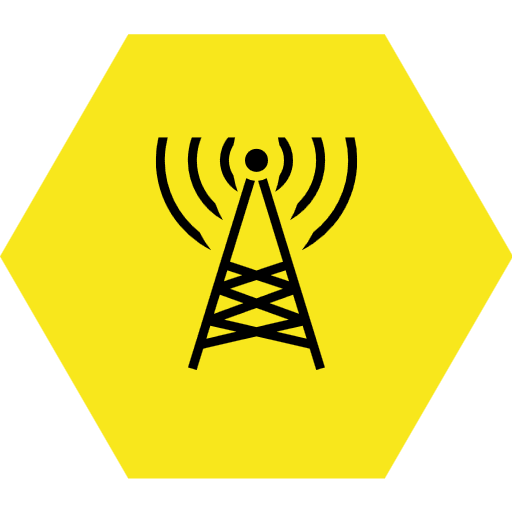 A yellow hexagon with a stylized radio tower on it.