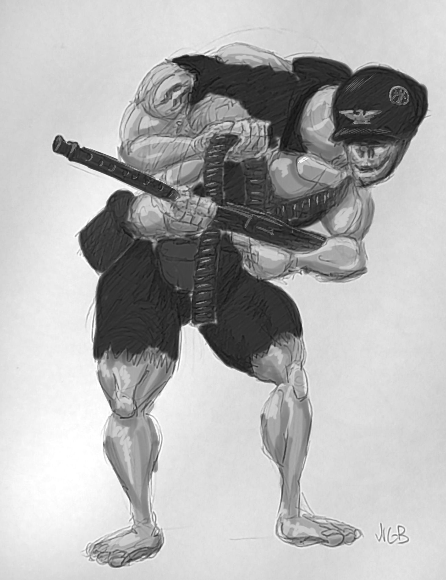 A black-and-white sketch of a stichbestie holding a rifle.