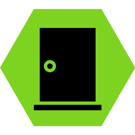 A lime-green hexagon with a black door on it.