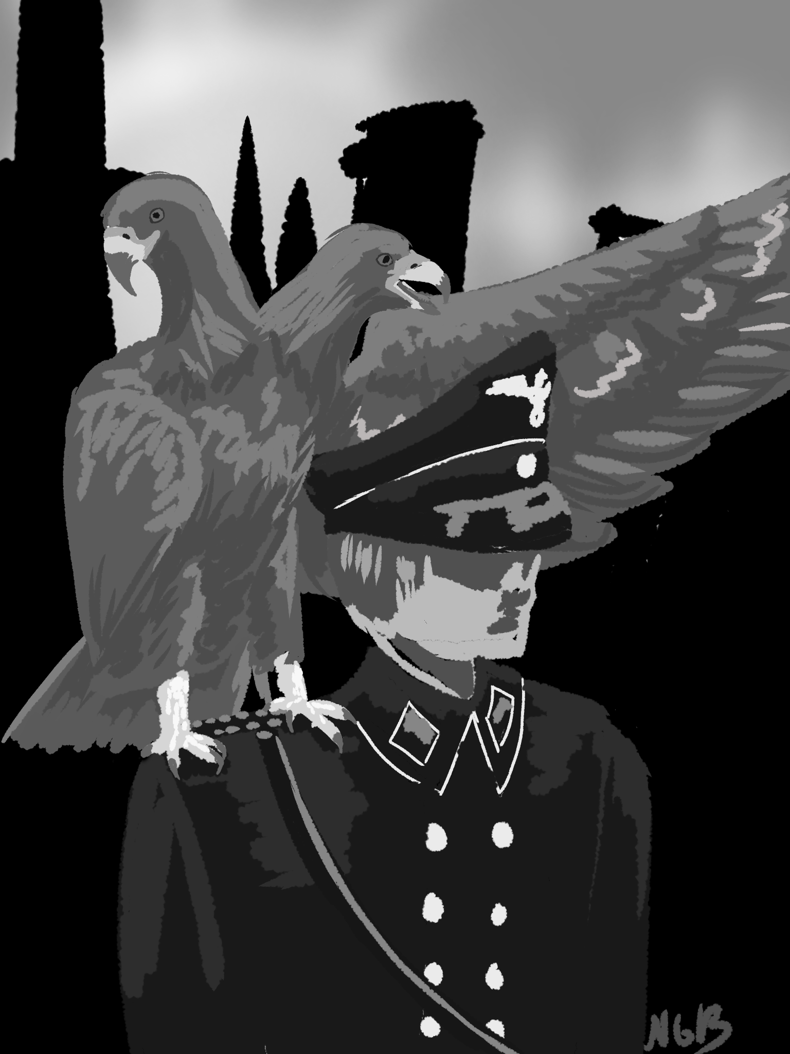 A black-and-white sketch of a reichsadler perched on the shoulder of a Nazi officer.
