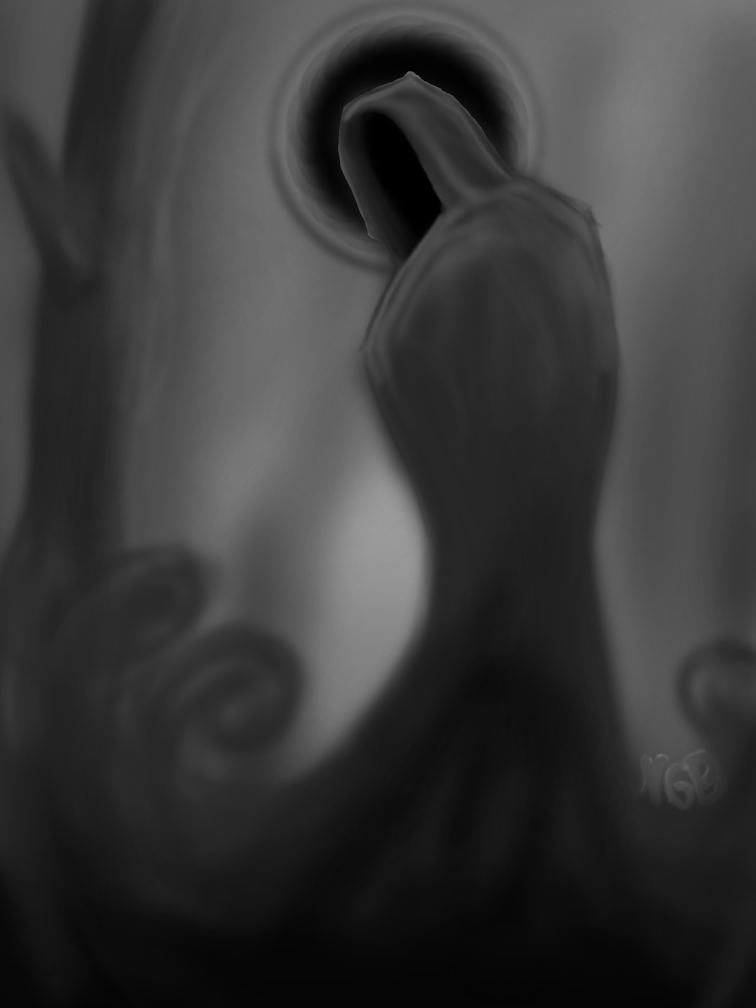 A black-and-white sketch of a psychopomp.